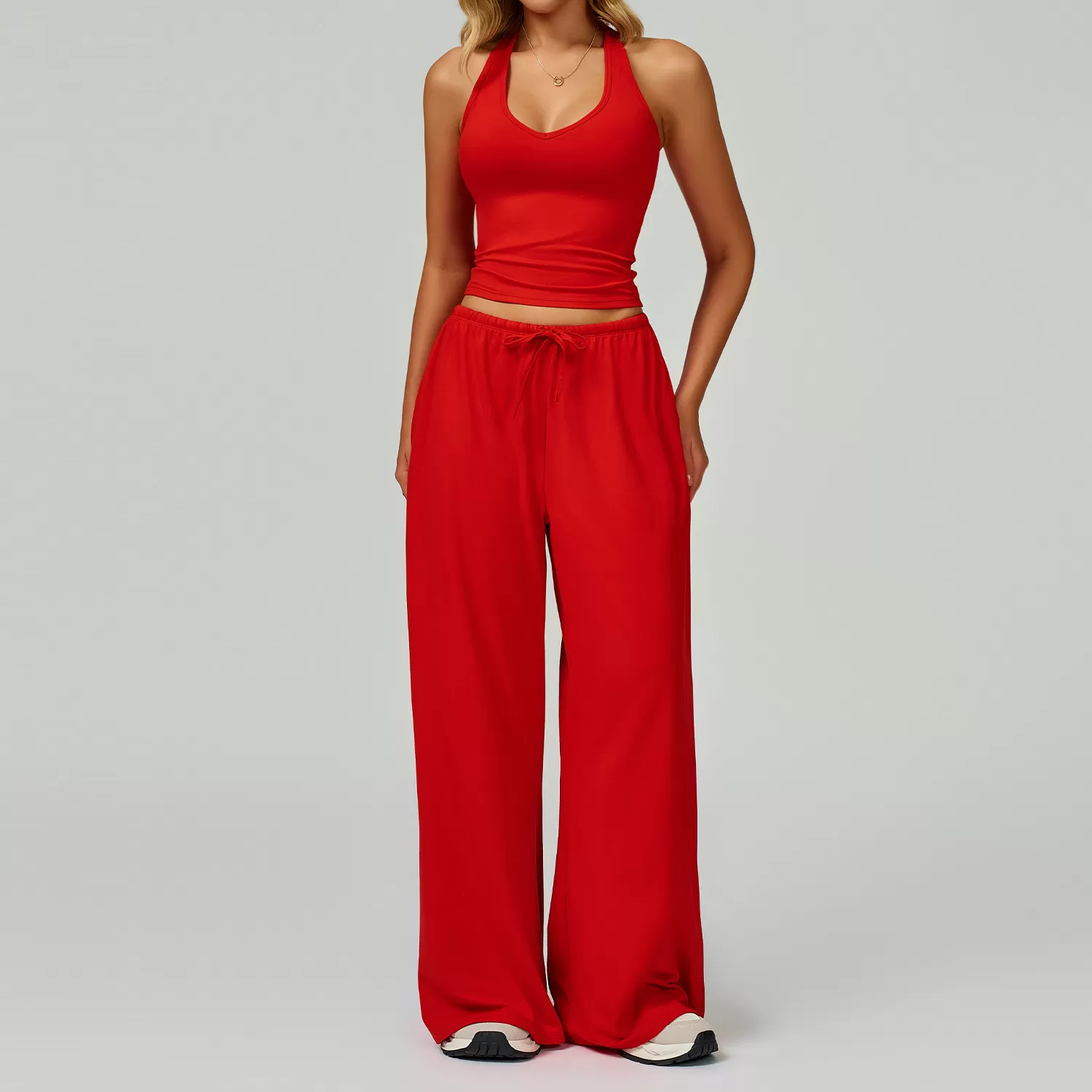 Sports Yoga Set Solid Vest Bell-bottom Pant Drawstring Two-Piece Women's Yoga Set FGBTZ3058