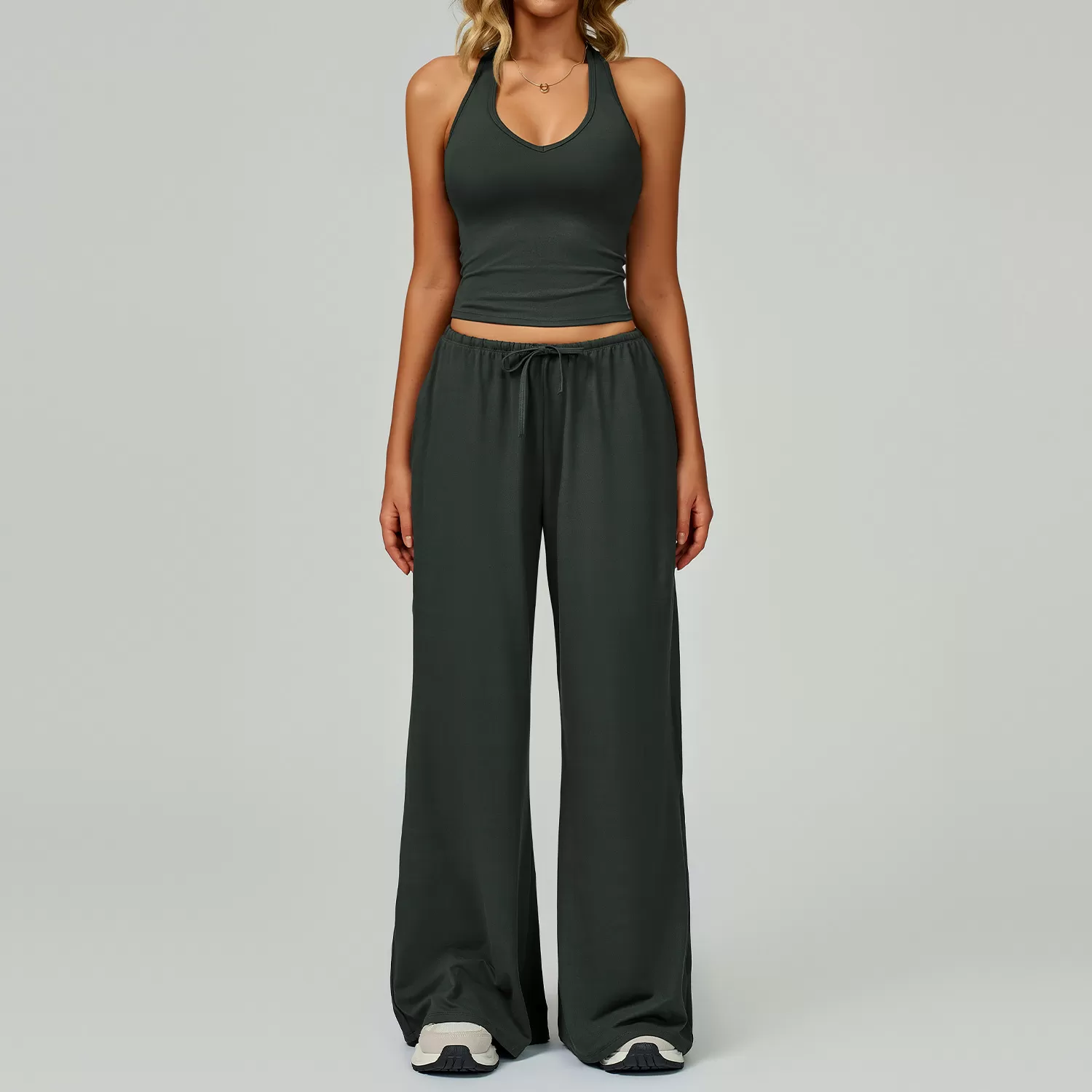 Sports Yoga Set Solid Vest Bell-bottom Pant Drawstring Two-Piece Women's Yoga Set FGBTZ3058