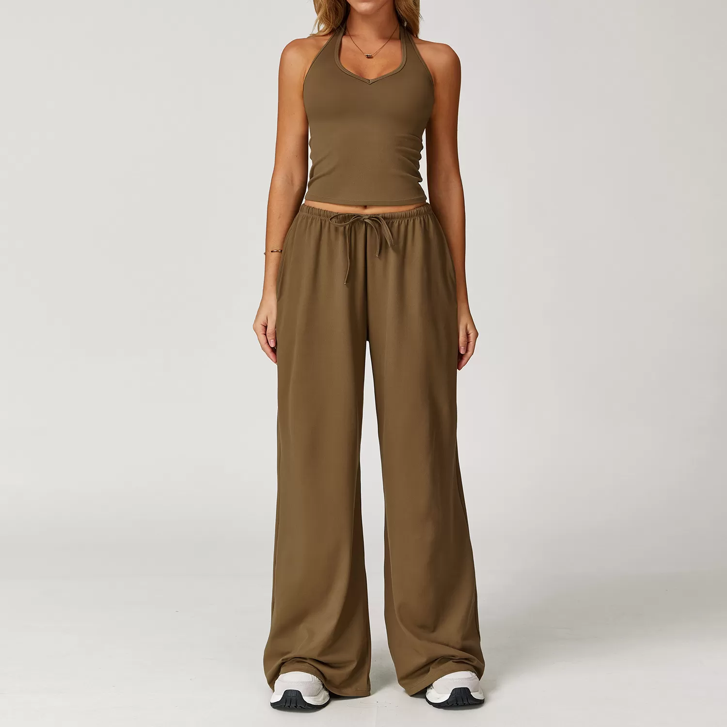 Sports Yoga Set Solid Vest Bell-bottom Pant Drawstring Two-Piece Women's Yoga Set FGBTZ3058