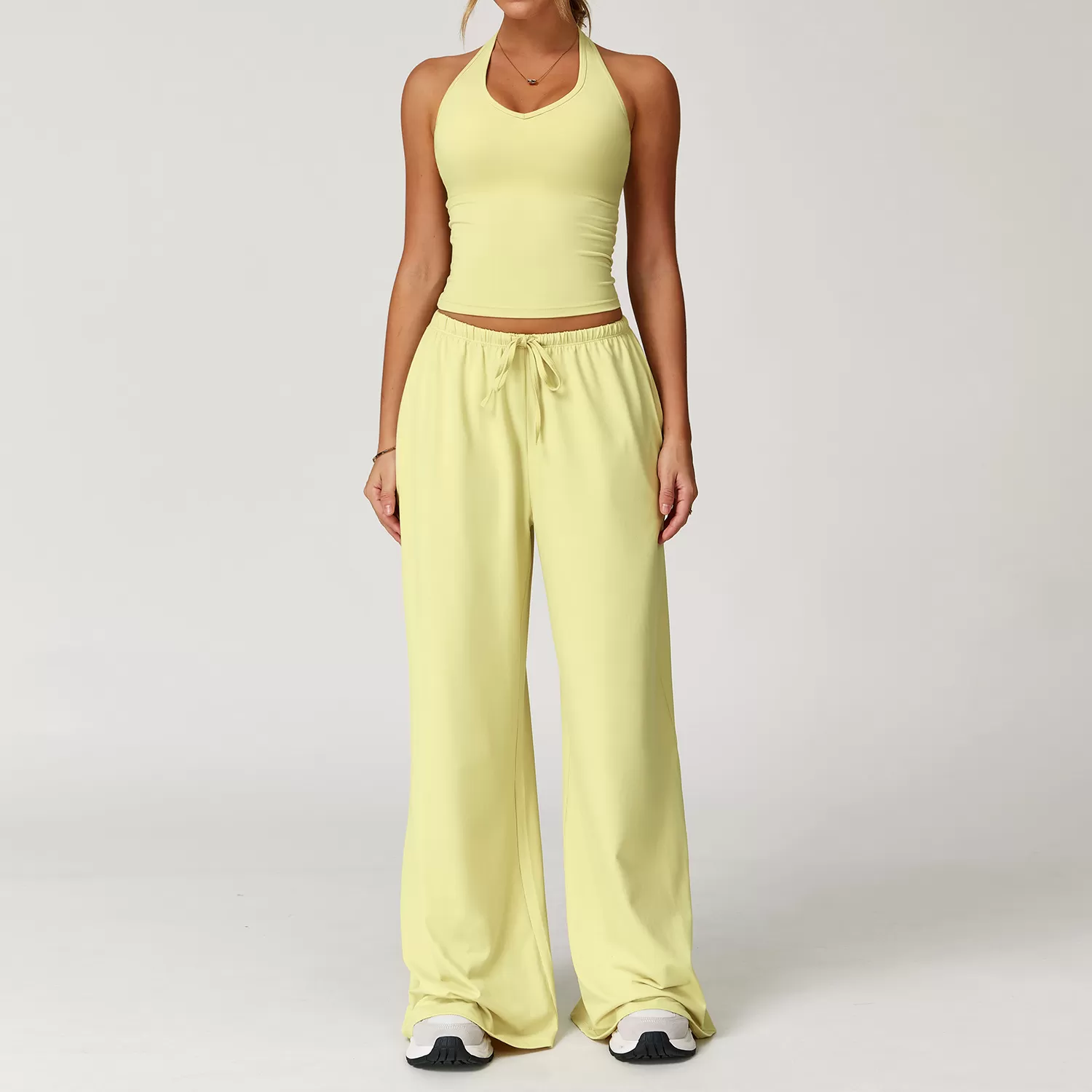 Sports Yoga Set Solid Vest Bell-bottom Pant Drawstring Two-Piece Women's Yoga Set FGBTZ3058