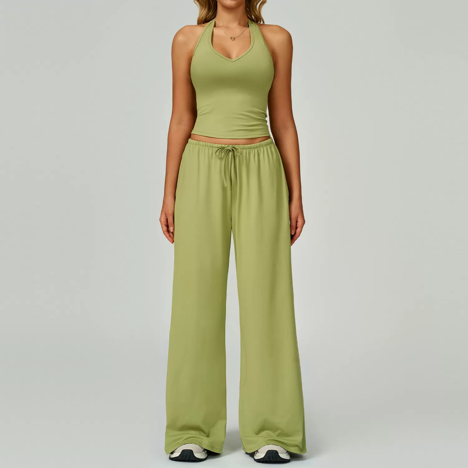 Sports Yoga Set Solid Vest Bell-bottom Pant Drawstring Two-Piece Women's Yoga Set FGBTZ3058