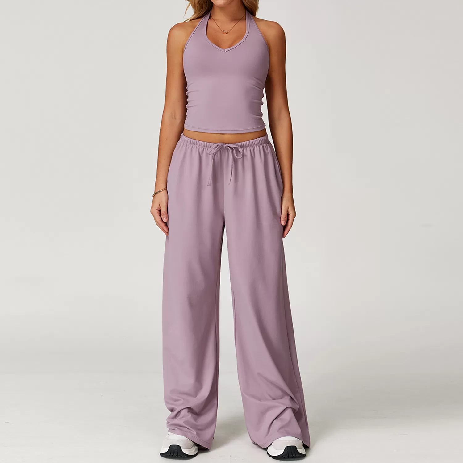 Sports Yoga Set Solid Vest Bell-bottom Pant Drawstring Two-Piece Women's Yoga Set FGBTZ3058
