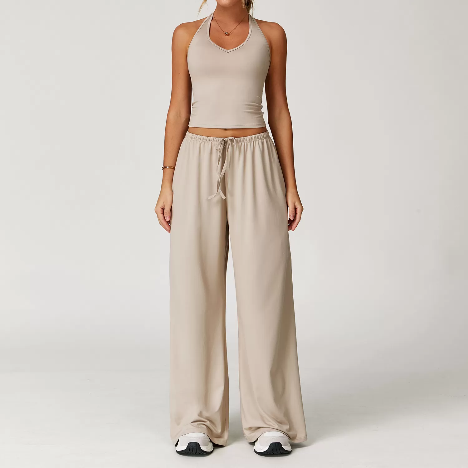 Sports Yoga Set Solid Vest Bell-bottom Pant Drawstring Two-Piece Women's Yoga Set FGBTZ3058