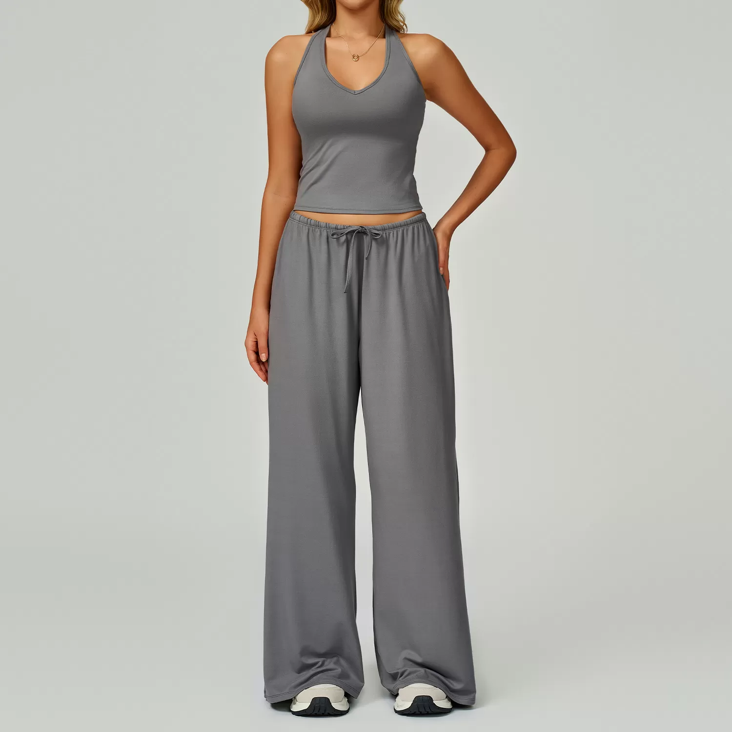 Sports Yoga Set Solid Vest Bell-bottom Pant Drawstring Two-Piece Women's Yoga Set FGBTZ3058