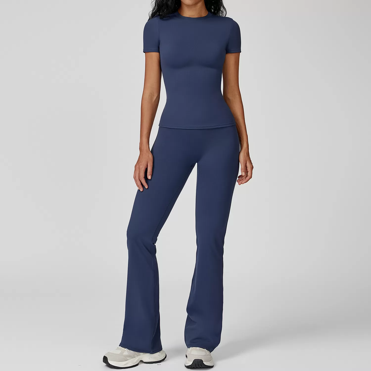 Dark blue short sleeves+bell-bottom pants