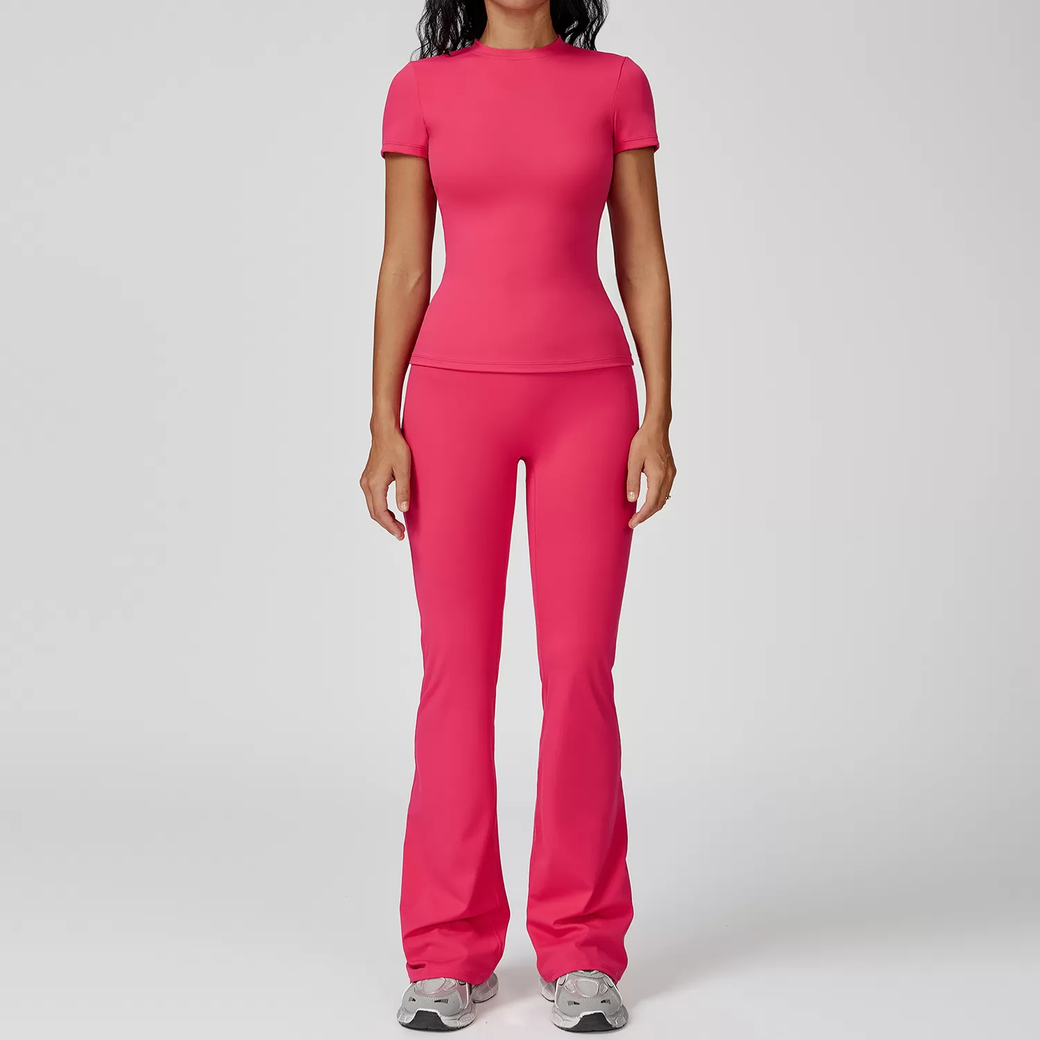 Plum short sleeves+bell-bottom pants