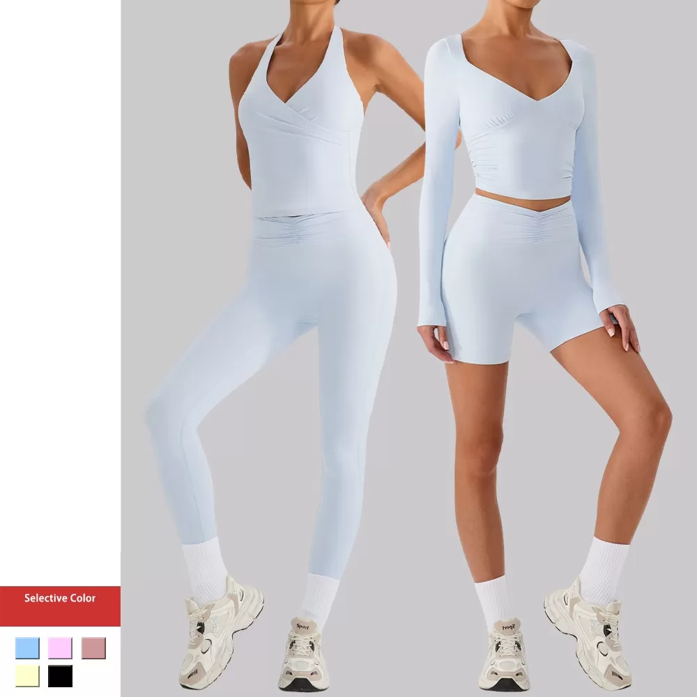 4pcs Set Fitness Gym Set V Neck design Set Sport Suit FGBYW560+YW564+YW562