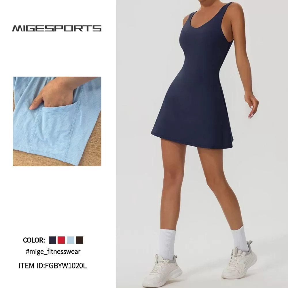 Custom Logo Women Tennis Sleeveless Dress With Built-in Bra Shorts Pockets FGBYW1020L