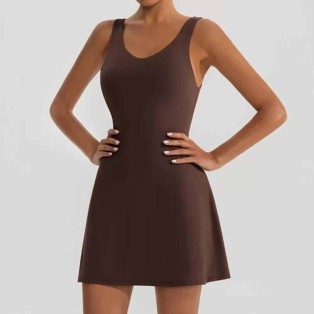 Custom Logo Women Tennis Sleeveless Dress With Built-in Bra Shorts Pockets FGBYW1020L