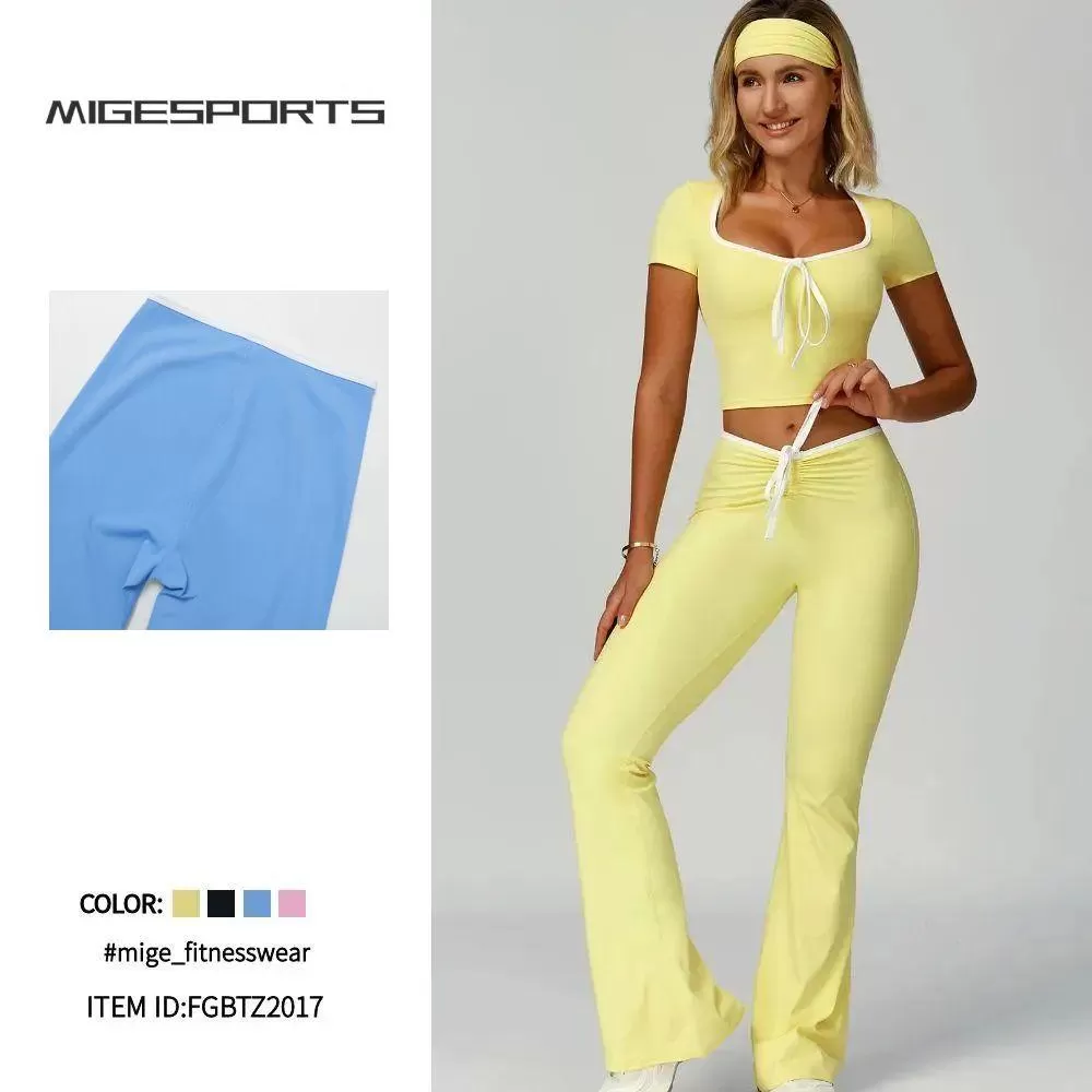 Gym Short Sleeve Tops Hairband Workout suits Long Pants Yoga Sets for Women FGBTZ2017