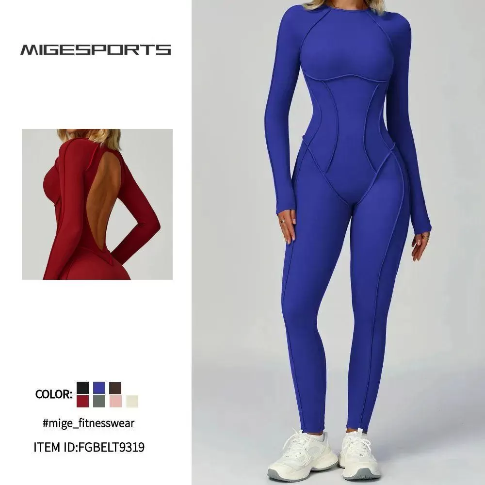 One Piece Long Sleeve Bodysuit Backless Three-dimensional Line Gym Yogasuit Women FGBELT9319