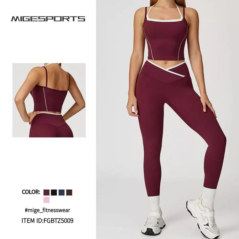 Women Color Block 4Pcs Workout Outfits V Corss Waist Flare Yoga Leggings Versatile and Comfortable Fitness Outfit FGBTZ5009