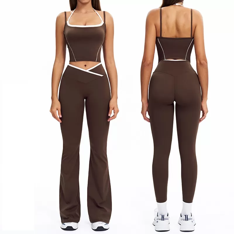 Women Color Block 4Pcs Workout Outfits V Corss Waist Flare Yoga Leggings Versatile and Comfortable Fitness Outfit FGBTZ5009