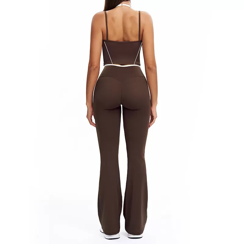 Women Color Block 4Pcs Workout Outfits V Corss Waist Flare Yoga Leggings Versatile and Comfortable Fitness Outfit FGBTZ5009