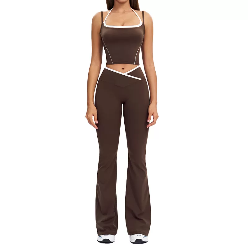 Women Color Block 4Pcs Workout Outfits V Corss Waist Flare Yoga Leggings Versatile and Comfortable Fitness Outfit FGBTZ5009