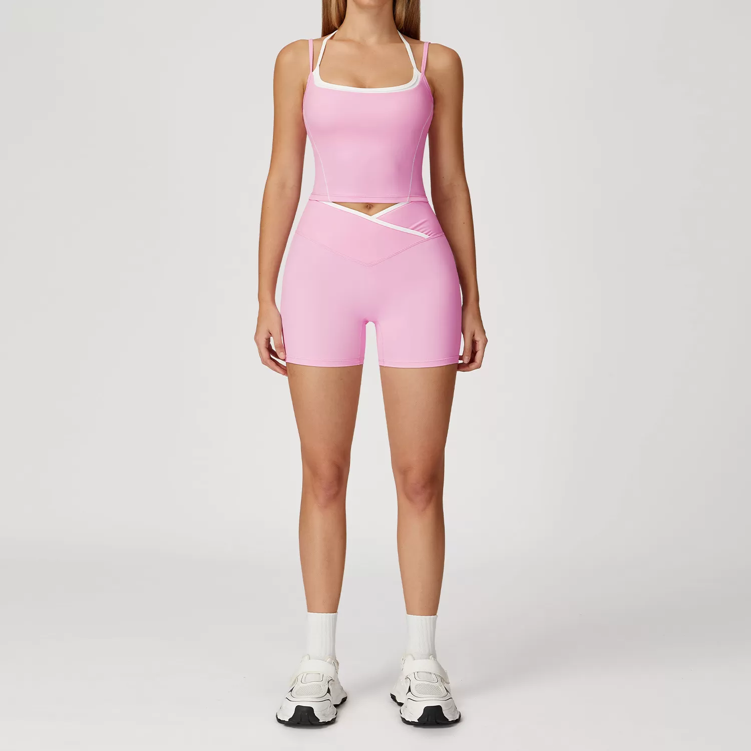 Women Color Block 4Pcs Workout Outfits V Corss Waist Flare Yoga Leggings Versatile and Comfortable Fitness Outfit FGBTZ5009