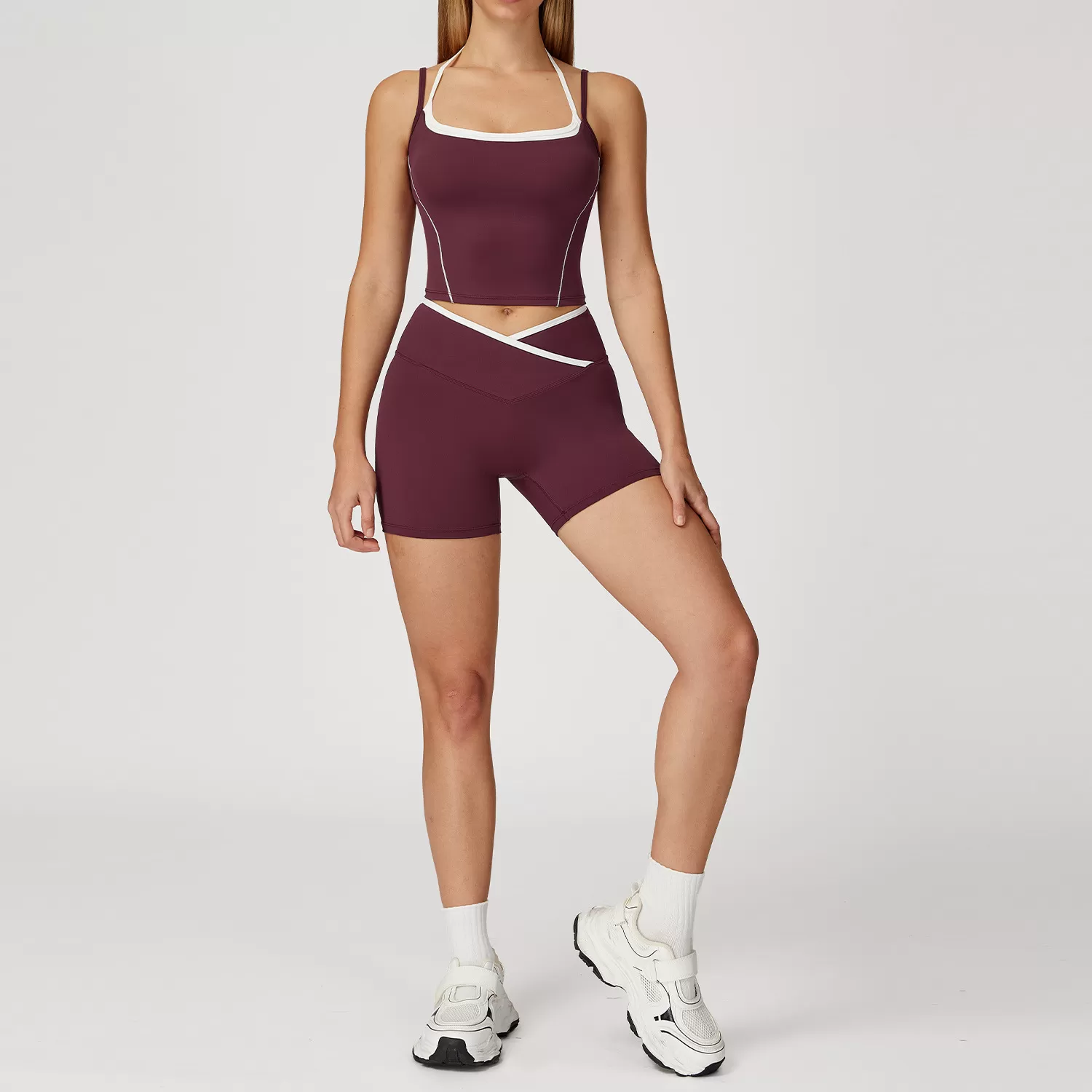 Women Color Block 4Pcs Workout Outfits V Corss Waist Flare Yoga Leggings Versatile and Comfortable Fitness Outfit FGBTZ5009