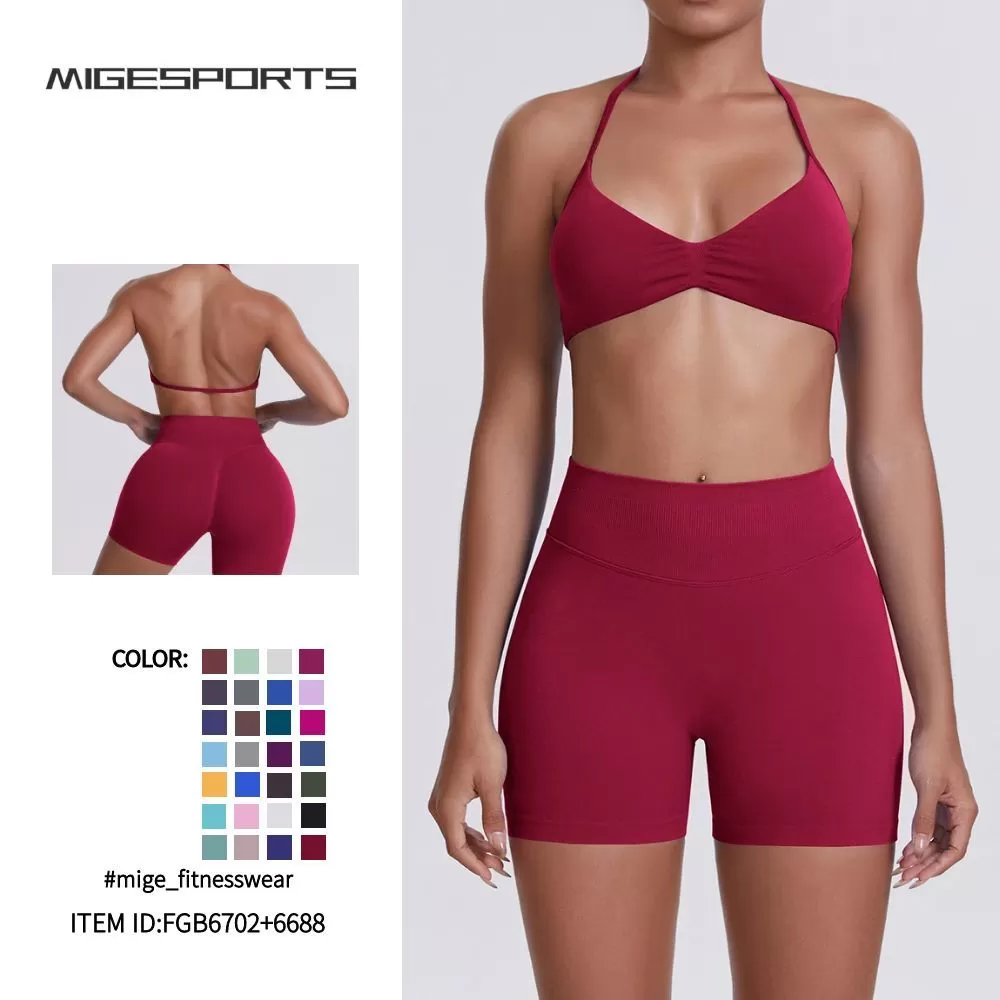 2 Piece Tracksuit Set Gym Running Yoga Sportswear Sports Bra Crop Tank High Waist Shorts Workout Outfits for Women FGB6702+6688