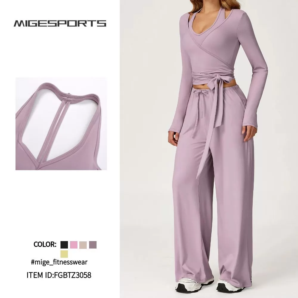 Women Workout Polyester Sets Halter Neck Bra Yoga Adjustable Waist Straight Leg Pants Leisure Outfits 3Pcs Sets FGBTZ3058