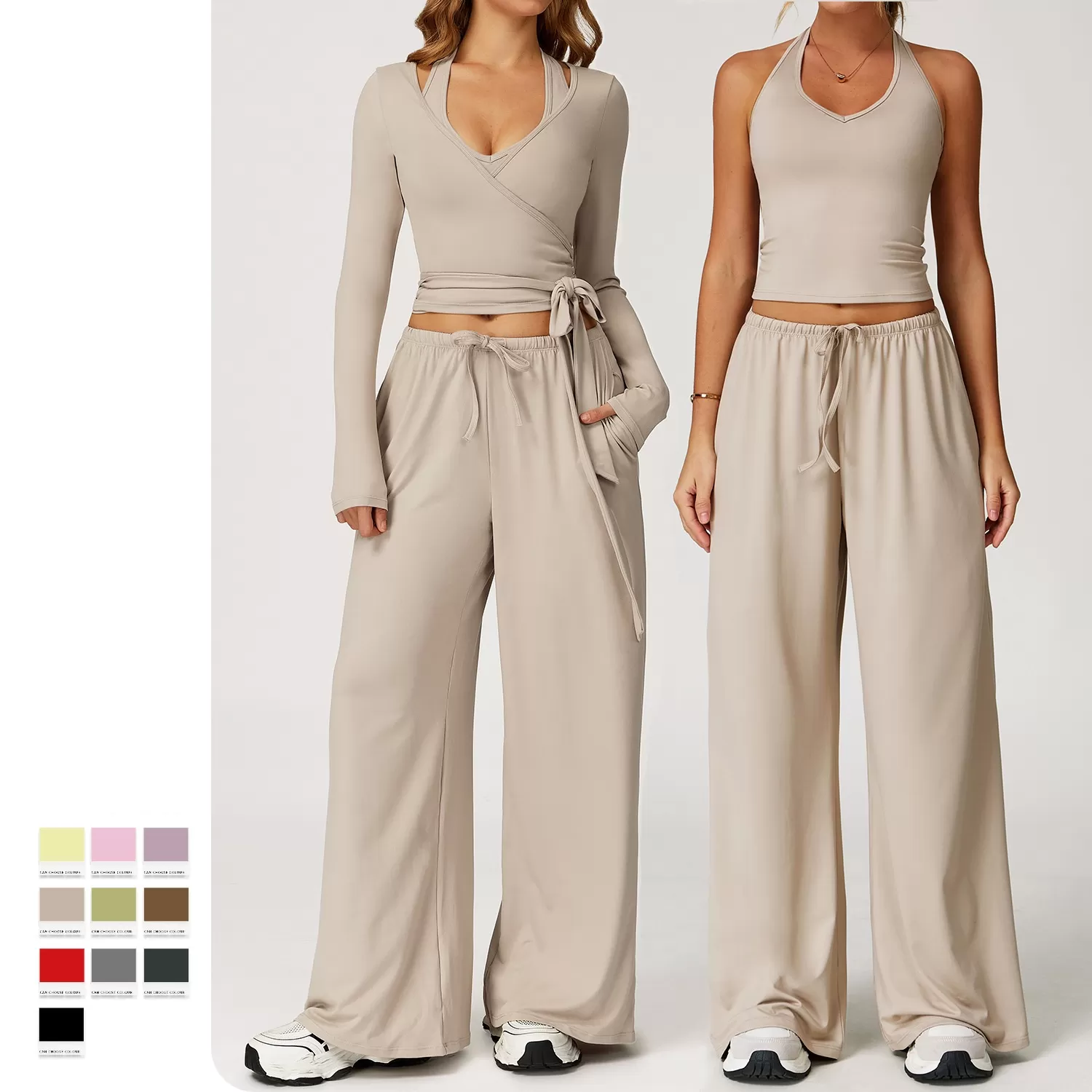 Women Workout Polyester Sets Halter Neck Bra Yoga Adjustable Waist Straight Leg Pants Leisure Outfits 3Pcs Sets FGBTZ3058