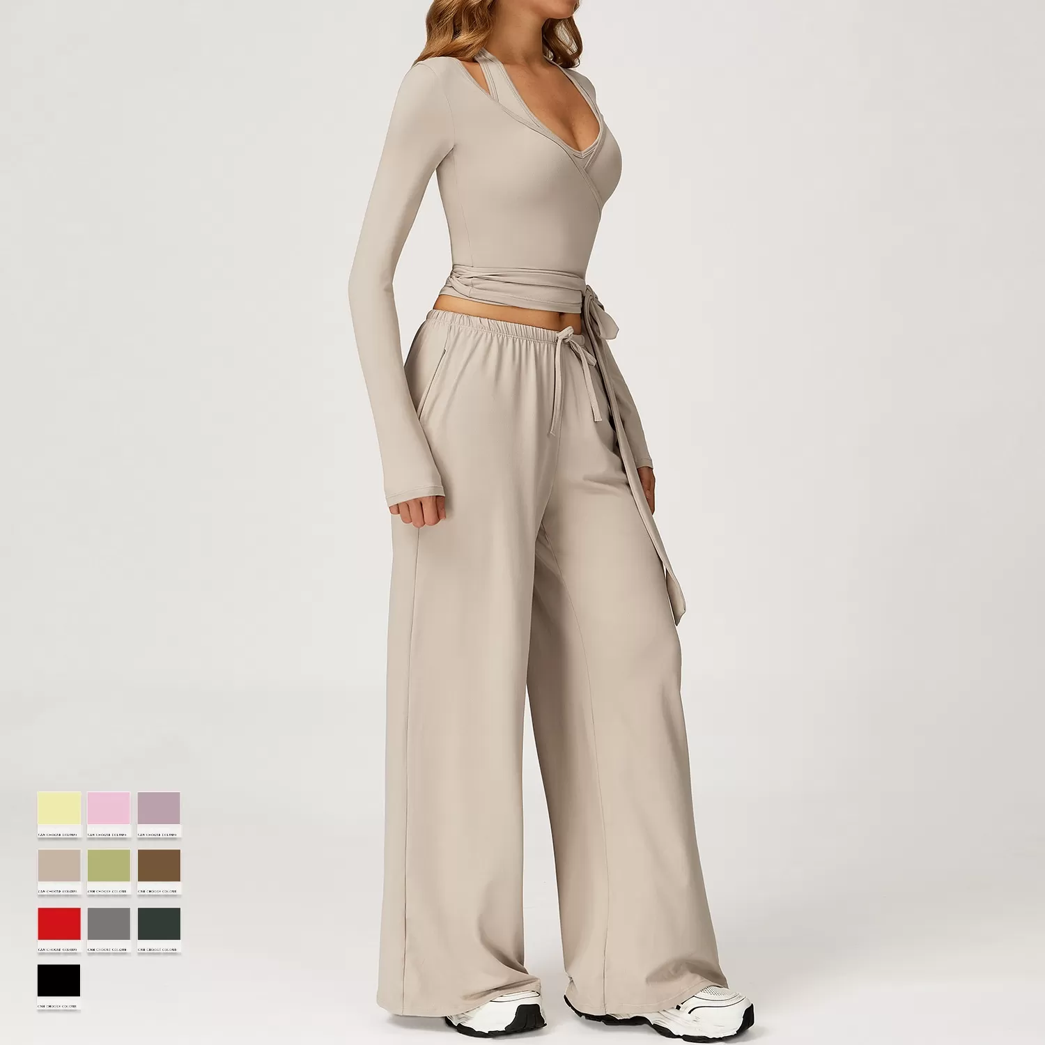 Women Workout Polyester Sets Halter Neck Bra Yoga Adjustable Waist Straight Leg Pants Leisure Outfits 3Pcs Sets FGBTZ3058