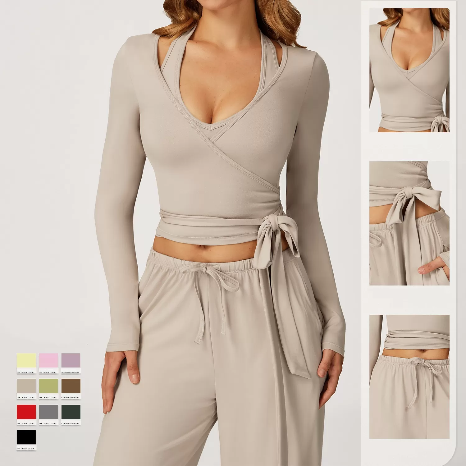 Women Workout Polyester Sets Halter Neck Bra Yoga Adjustable Waist Straight Leg Pants Leisure Outfits 3Pcs Sets FGBTZ3058