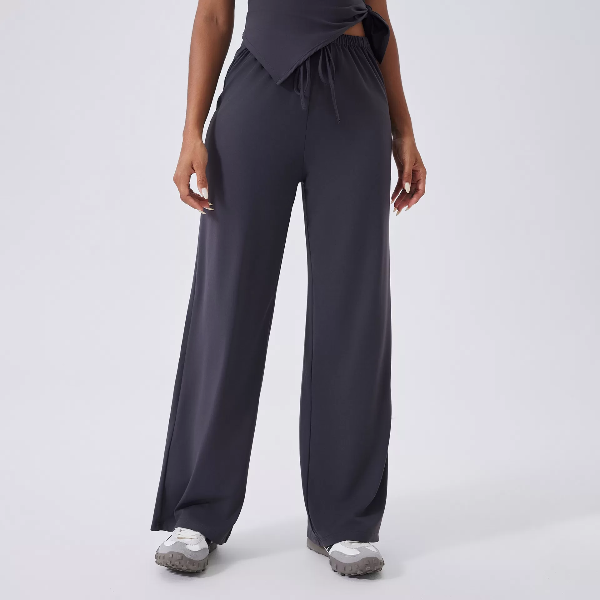 Loose High Waist Drawstring Casual Sports Trousers Women Custom logo Fashionable Straight Leg Loose Pants FGBCK3346