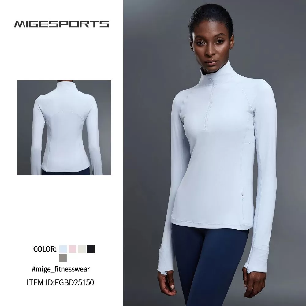 Women's Half Zip Long Sleeve  Yoga Shirt Slim Fit Fitness Sports Top With Thumb Holes FGBD25150