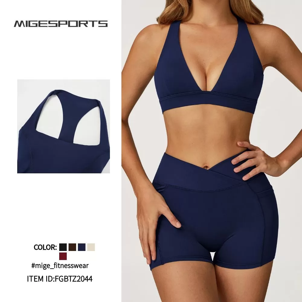 Custom Logo Womens 2 Piece Workout Set Yoga Shorts and Sports Bra Matching Activewear for Gym Fitness Training FGBTZ2044