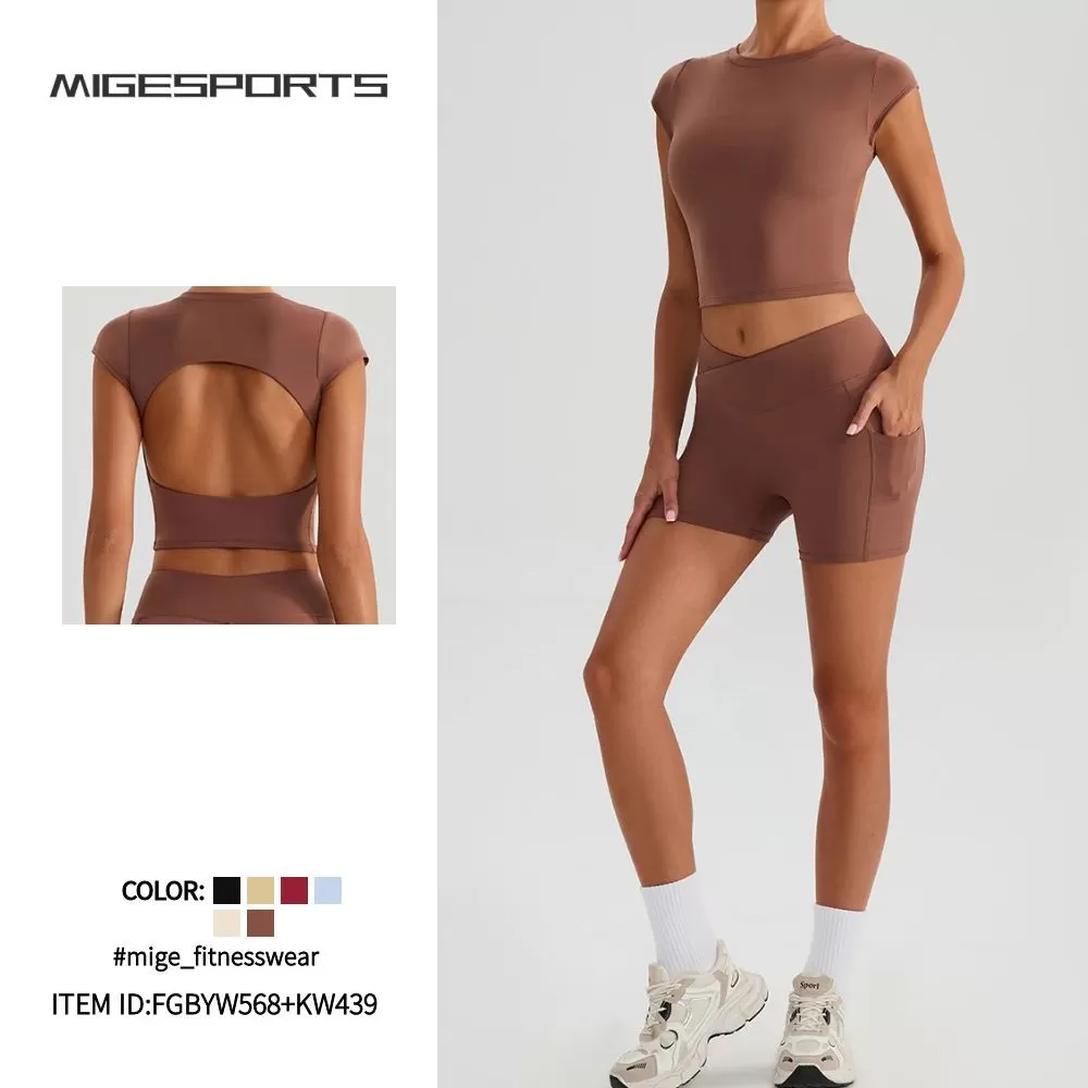 Women's Yoga Fitness Clothing Solid Sports Suit for Running Two Piece Yoga Set Short Sleeves FGBYW568+KW439