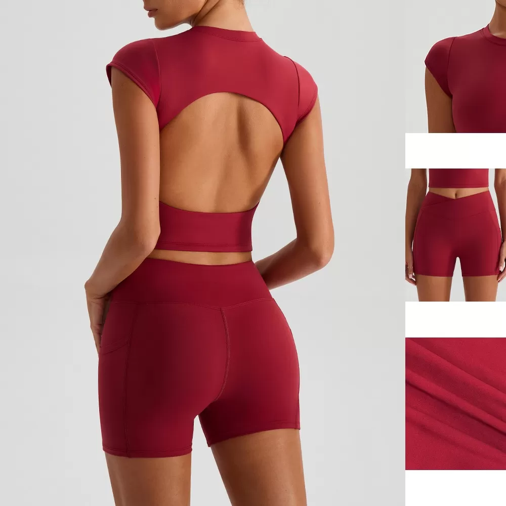 Women's Yoga Fitness Clothing Solid Sports Suit for Running Two Piece Yoga Set Short Sleeves FGBYW568+KW439