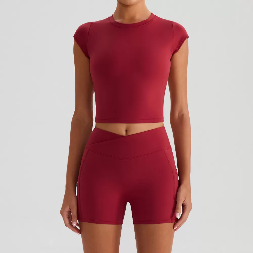 Women's Yoga Fitness Clothing Solid Sports Suit for Running Two Piece Yoga Set Short Sleeves FGBYW568+KW439