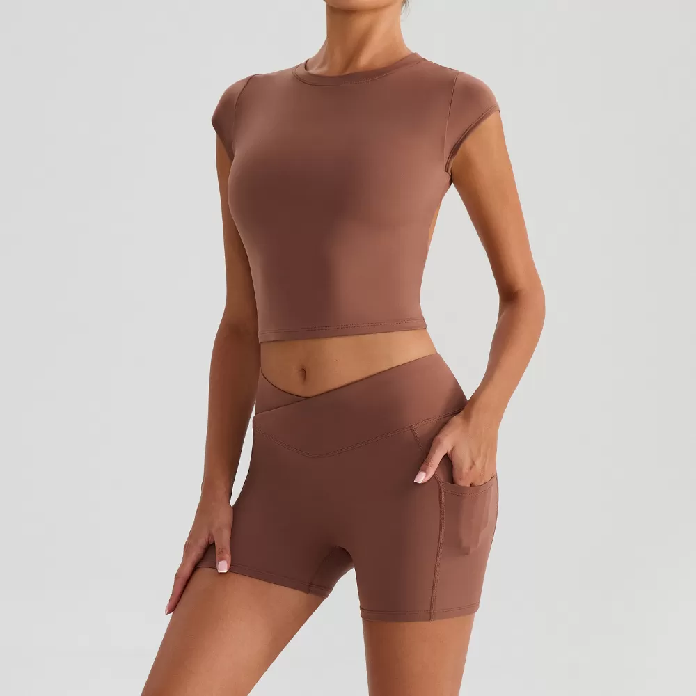 Women's Yoga Fitness Clothing Solid Sports Suit for Running Two Piece Yoga Set Short Sleeves FGBYW568+KW439