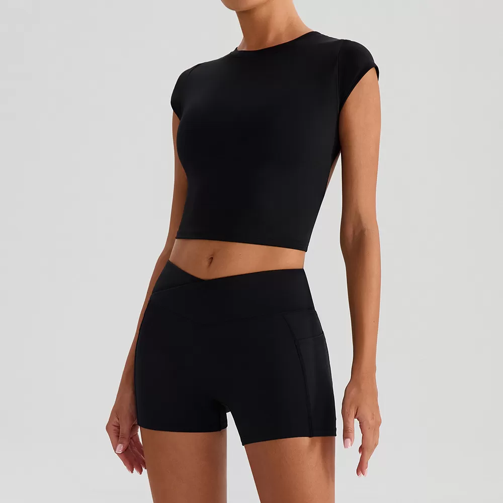 Women's Yoga Fitness Clothing Solid Sports Suit for Running Two Piece Yoga Set Short Sleeves FGBYW568+KW439