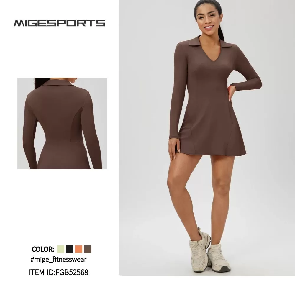 Women's Sports One-piece Tennis Skirt Gymnastic Long-sleeved V-neck Tennis Skirt FGB52568