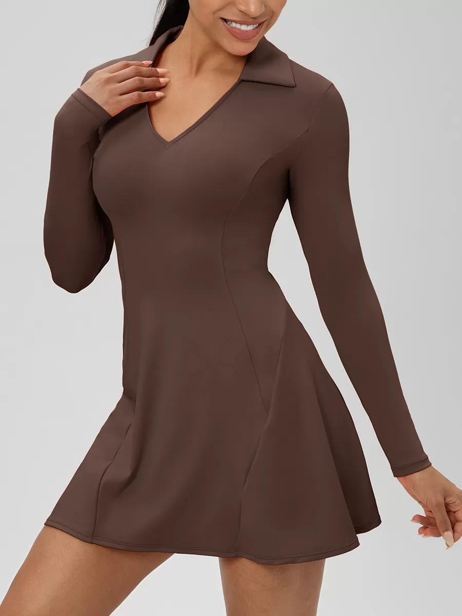 Women's Sports One-piece Tennis Skirt Gymnastic Long-sleeved V-neck Tennis Skirt FGB52568