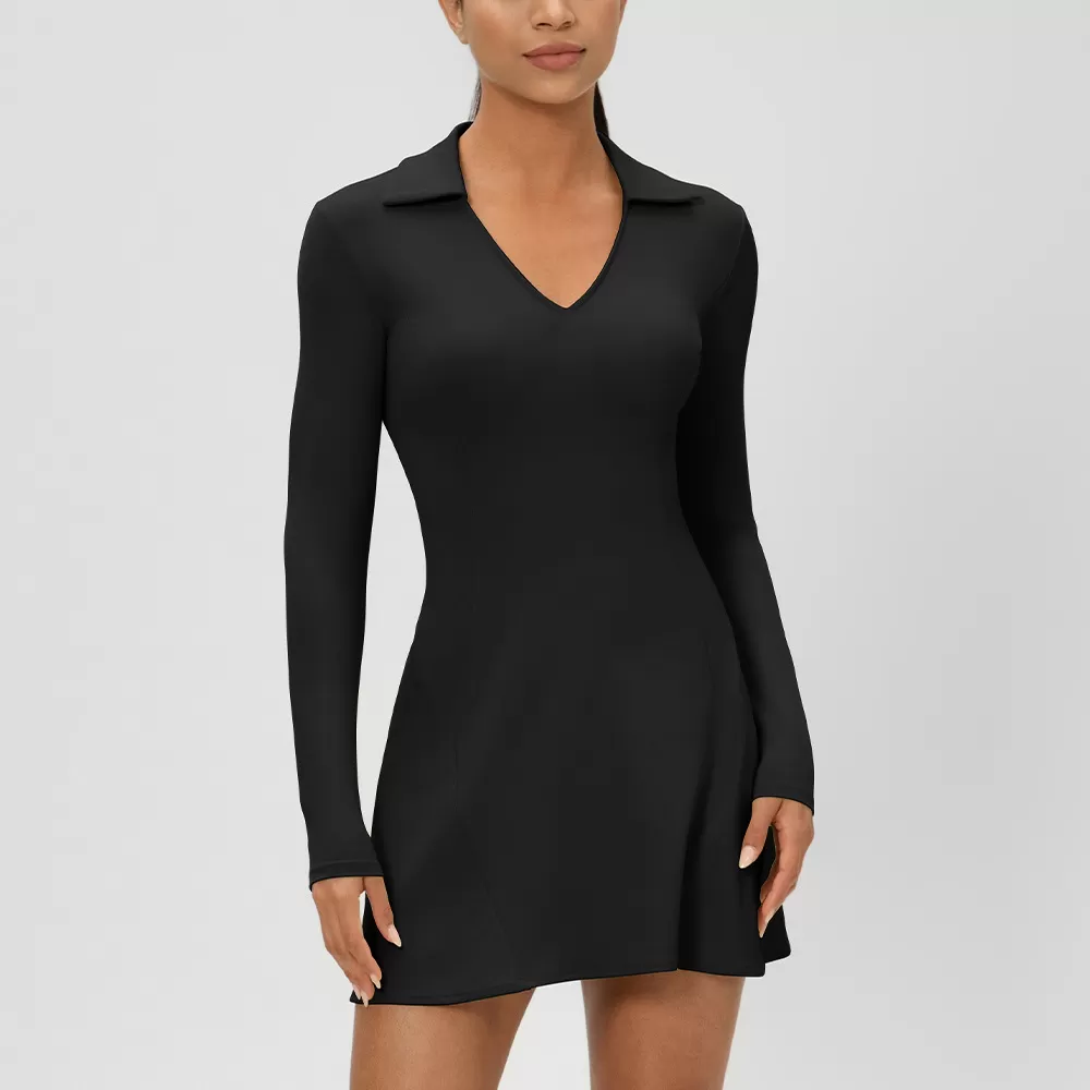 Women's Sports One-piece Tennis Skirt Gymnastic Long-sleeved V-neck Tennis Skirt FGB52568