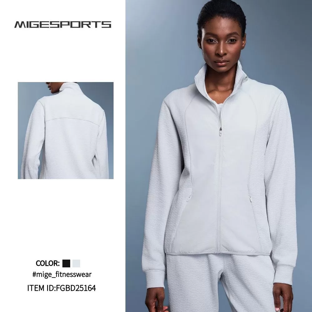 Waffle Slim Fit Stand Collar Solid Zipper Closure Sports Jacket Women Casual JacketFGBD25164