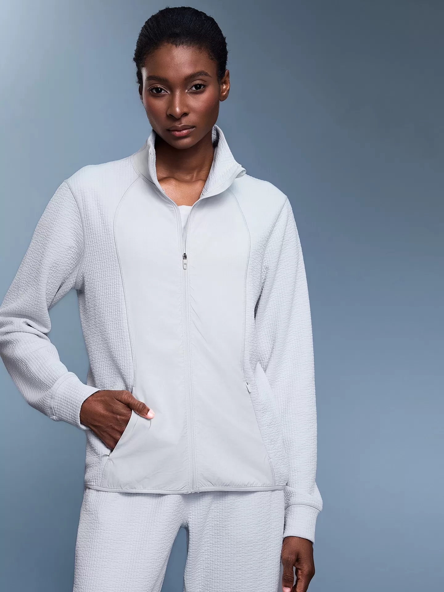 Waffle Slim Fit Stand Collar Solid Zipper Closure Sports Jacket Women Casual JacketFGBD25164