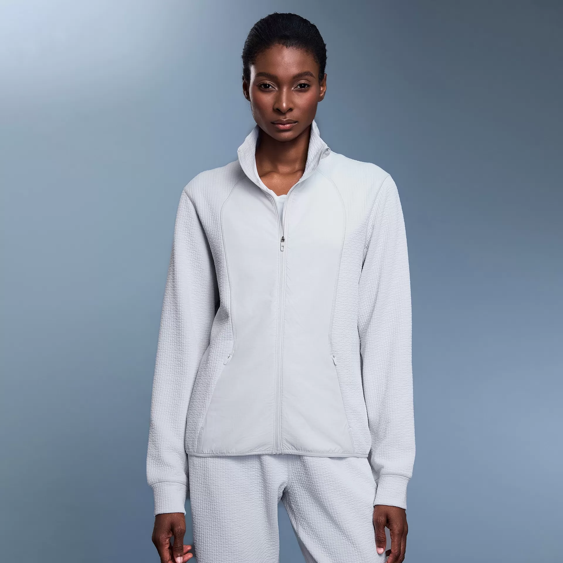 Waffle Slim Fit Stand Collar Solid Zipper Closure Sports Jacket Women Casual JacketFGBD25164