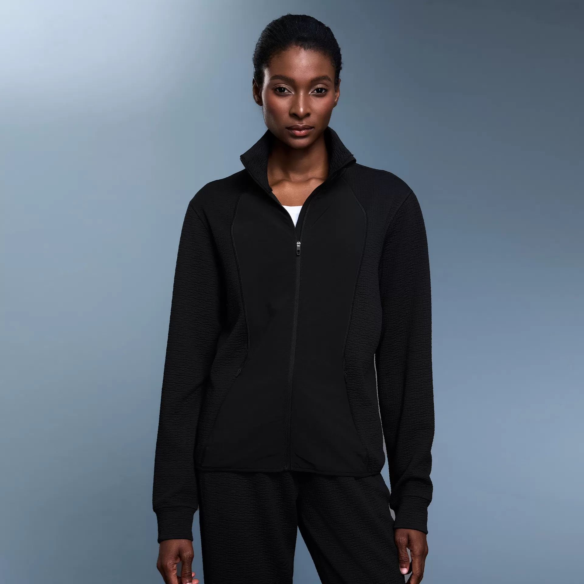 Waffle Slim Fit Stand Collar Solid Zipper Closure Sports Jacket Women Casual JacketFGBD25164