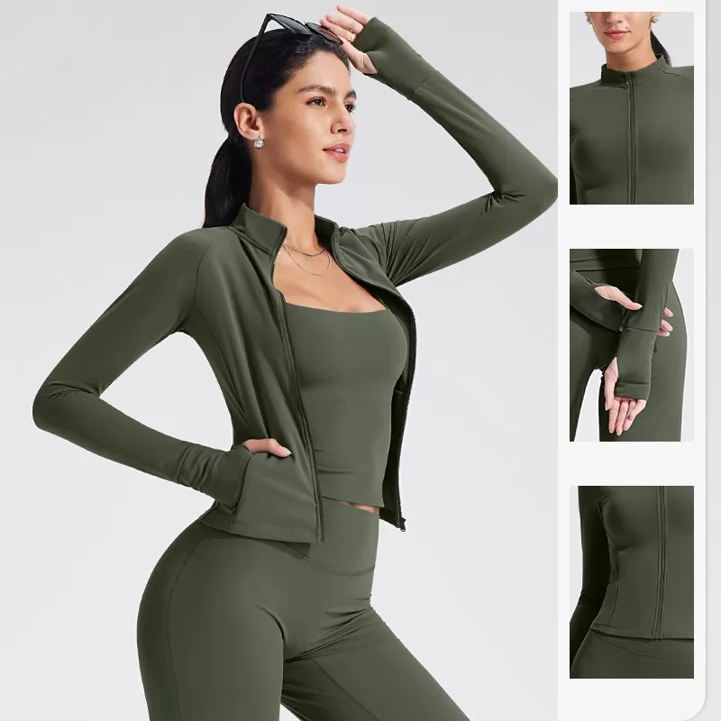 Long Sleeve Zipper Tight Lightweight Breathable Running Sportswear Yoga Top Jacket With Thumb Hole FGBB-XL37