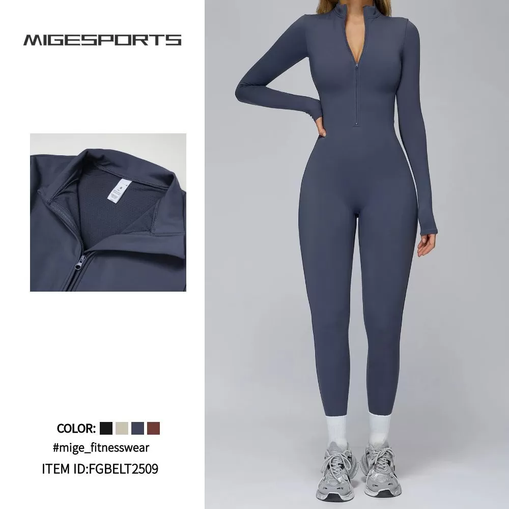 Women's Cross-Border High-Intensity Fitness Sports Long Sleeve Yoga Jumpsuit One-Piece Knitted Bodysuit with Zipper FGBELT2509