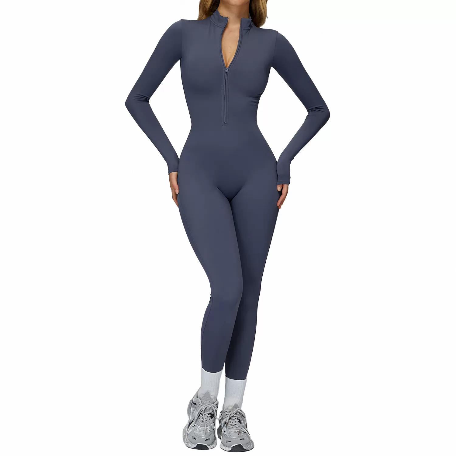 Women's Cross-Border High-Intensity Fitness Sports Long Sleeve Yoga Jumpsuit One-Piece Knitted Bodysuit with Zipper FGBELT2509