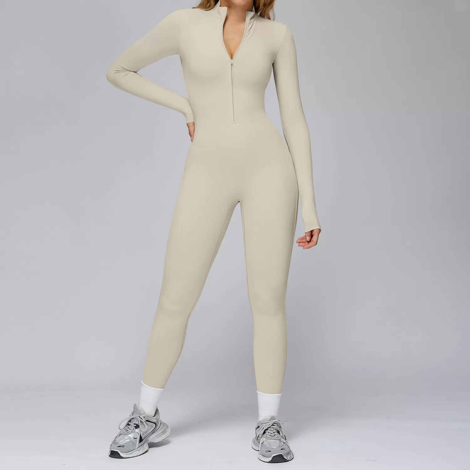 Women's Cross-Border High-Intensity Fitness Sports Long Sleeve Yoga Jumpsuit One-Piece Knitted Bodysuit with Zipper FGBELT2509
