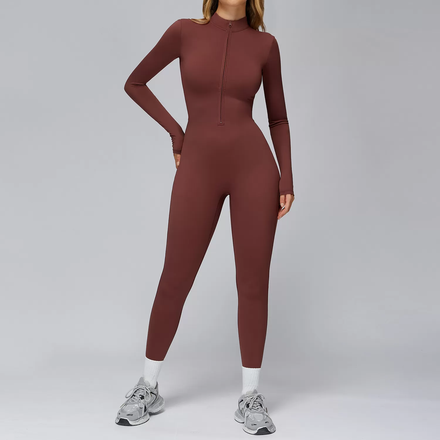 Women's Cross-Border High-Intensity Fitness Sports Long Sleeve Yoga Jumpsuit One-Piece Knitted Bodysuit with Zipper FGBELT2509
