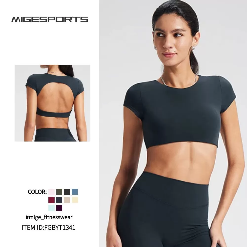 New Arrivals Hot Sale Gym Workout Yoga Crop Top Custom logo Soft Backless Yoga Top Short Sleeve for WomenFGBYT1341