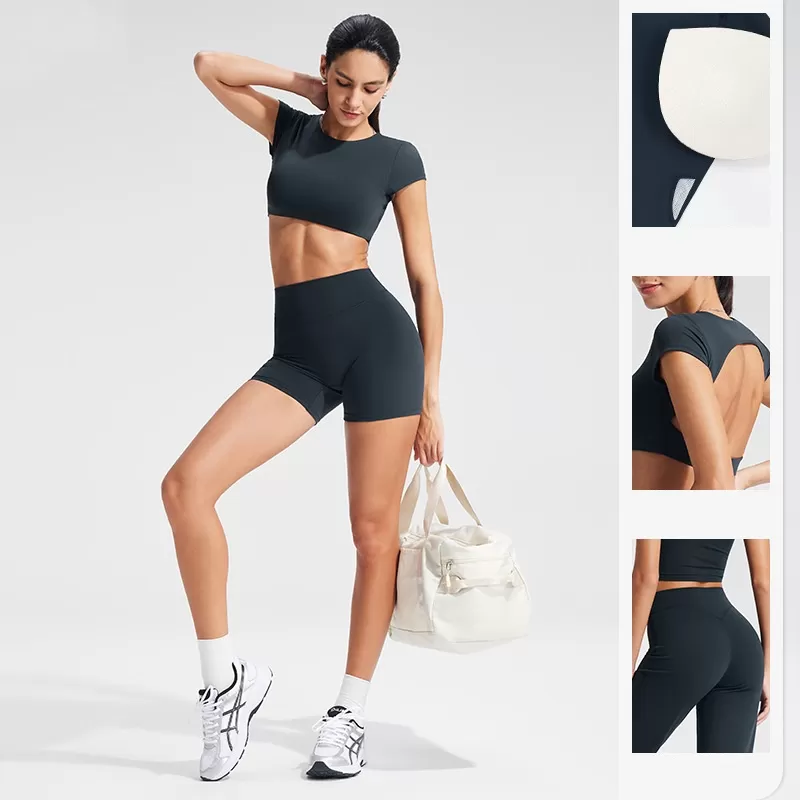 New Arrivals Hot Sale Gym Workout Yoga Crop Top Custom logo Soft Backless Yoga Top Short Sleeve for WomenFGBYT1341