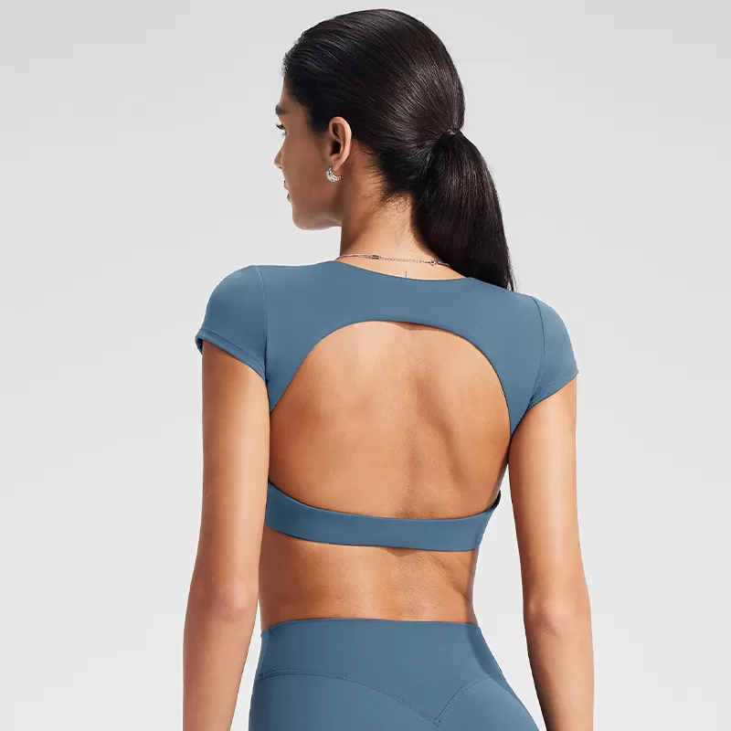 New Arrivals Hot Sale Gym Workout Yoga Crop Top Custom logo Soft Backless Yoga Top Short Sleeve for WomenFGBYT1341