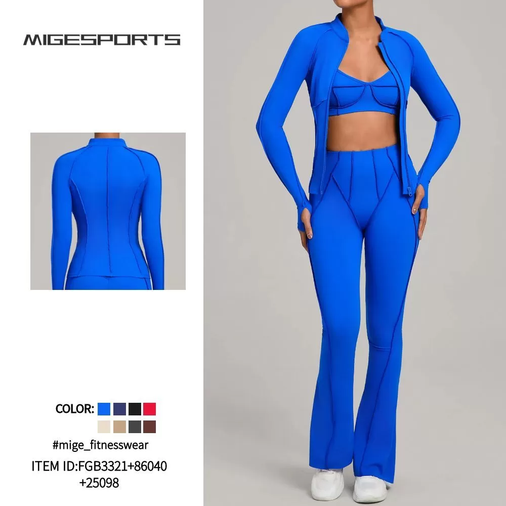 Women's Full Zipper Jacket Sports Bra Butt Lift Flare Leg Pants-Three Piece Yoga Gym SetFGB3321+86040+25098